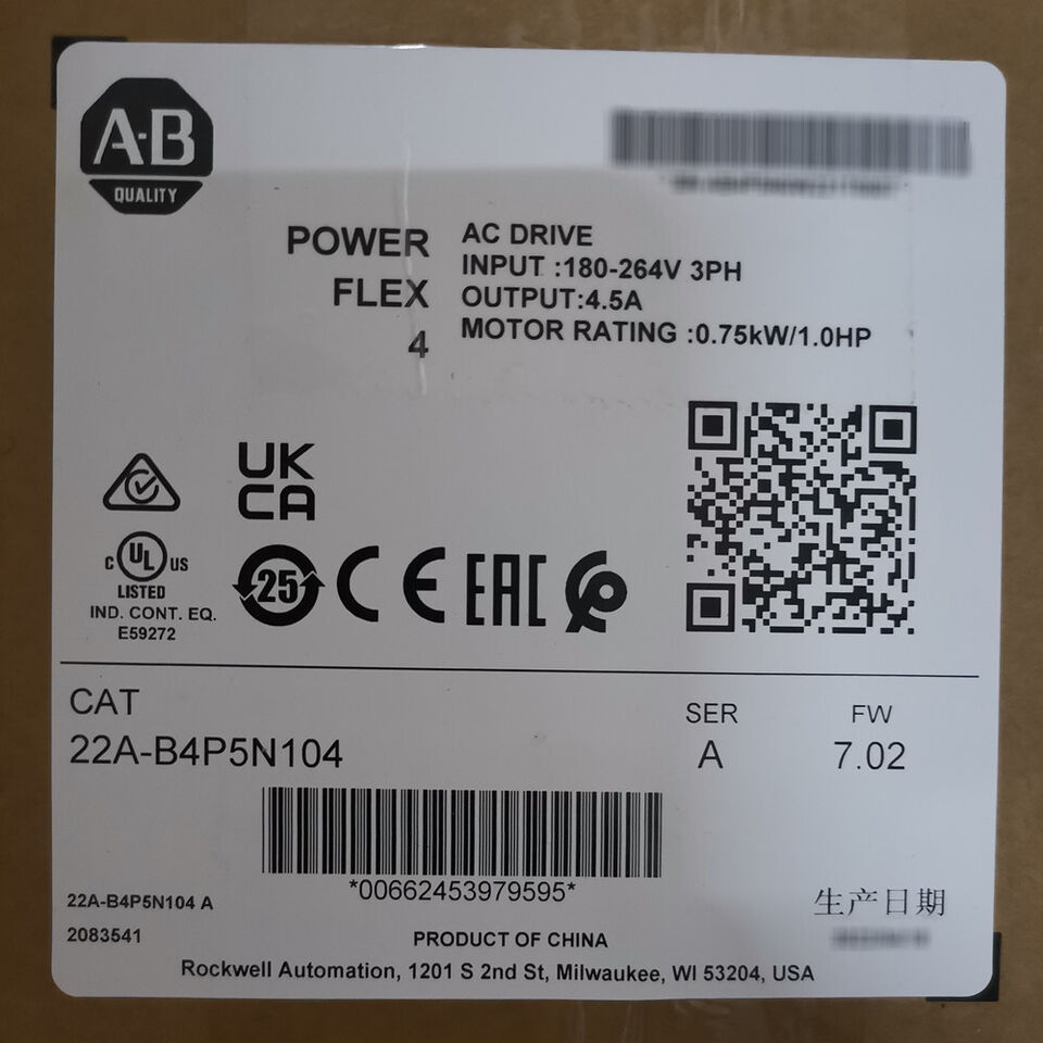 Allen-Bradley 22A-B4P5N104 PowerFlex 4 AC Drive 240VAC/3-Phase/4.5A/1HP/IP20